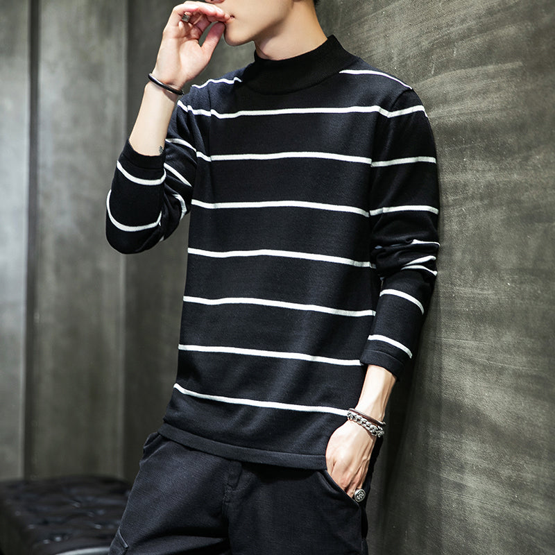 Men's Striped Sweater With Half Turtleneck - WOMONA.COM