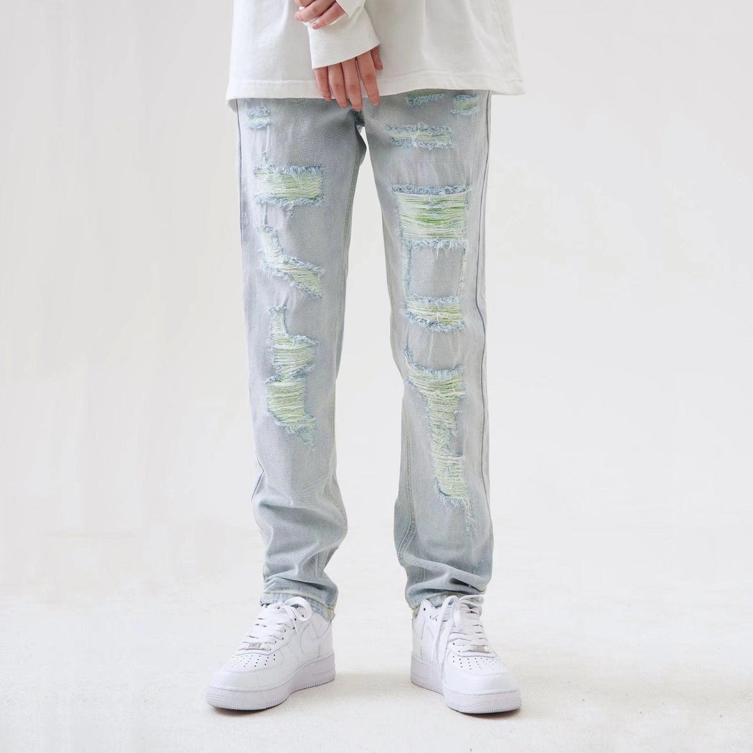 Men's Washed Distressed Straight Jeans