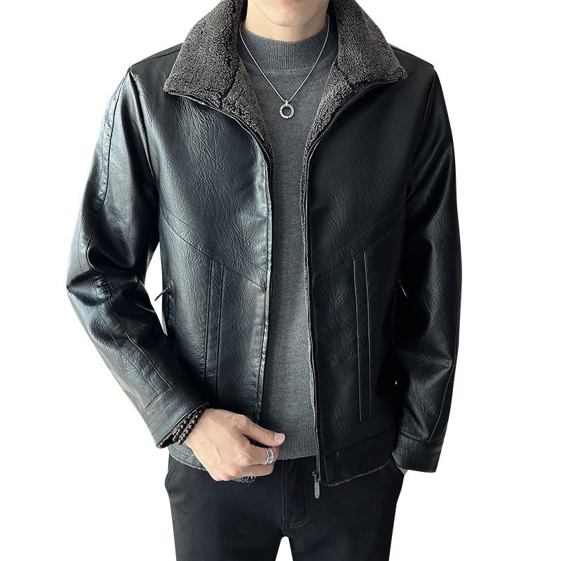 Hong Kong Style Velvet Padded Plus Size Men's Leather Jackets - WOMONA.COM