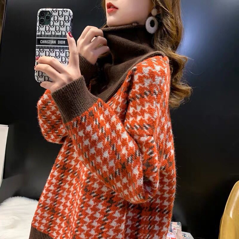 Women Fake Two High Neck Sweaters Houndstooth - WOMONA.COM