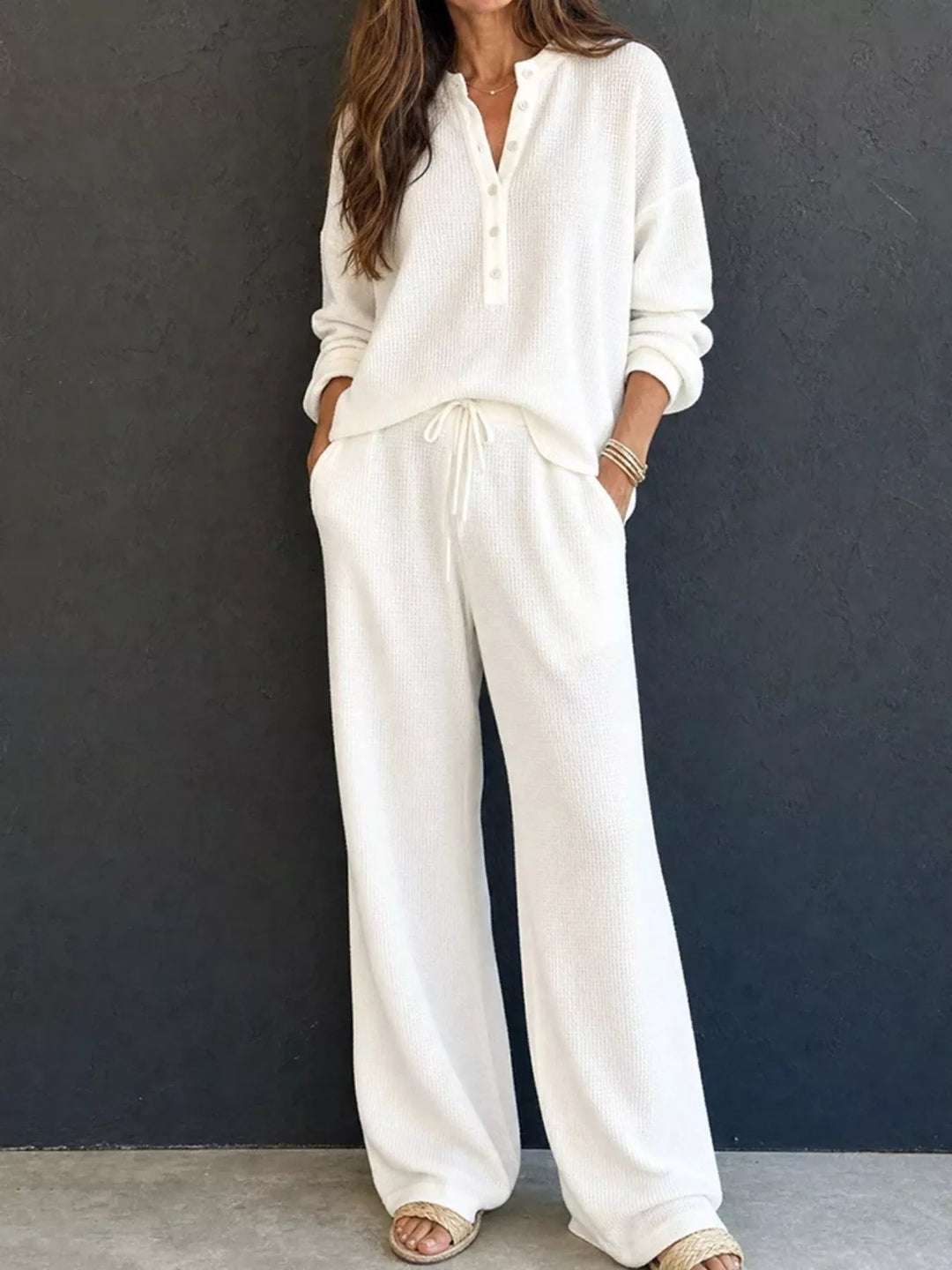 Women's Waffle Knit Henley Top and Wide-Leg Pants Set