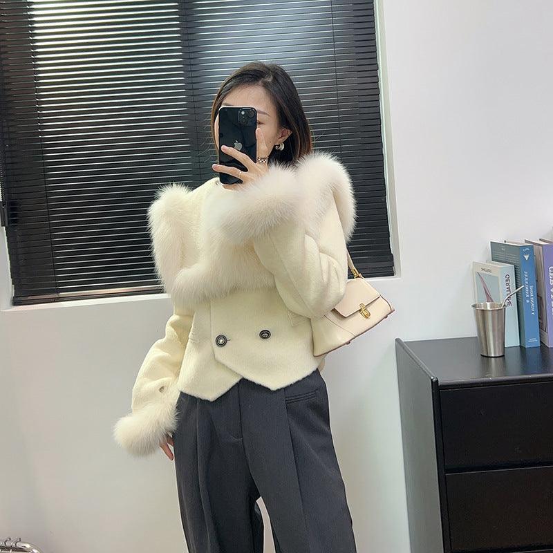 Fox Fur Lapel Sweet Small Short High Waist Woolen Coat