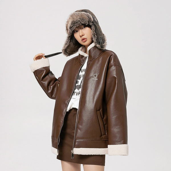 Lambswool PU Leather Thickened Warm Cotton Jacket