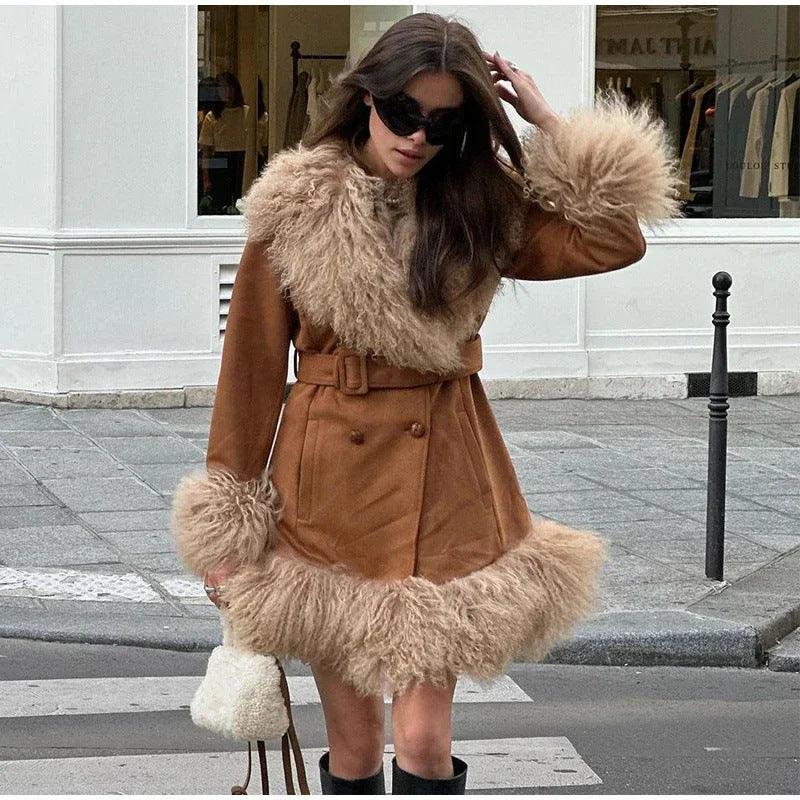 Light brown mid-length coat with shaggy faux-fur collar, hem trim, and double-button style