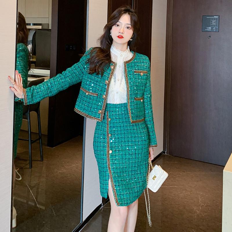 Elegant Green Tweed Coat Irregular Sheath Skirt Suit - WOMONA.COM