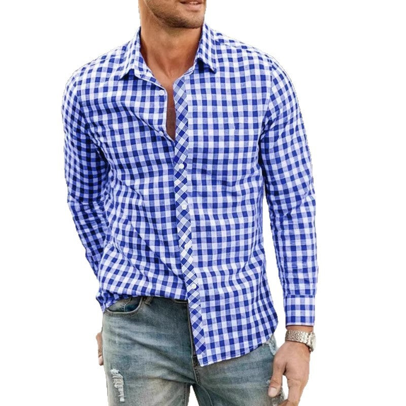 Men's blue check plaid button-up shirt with long sleeves and button front