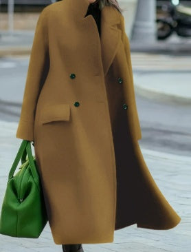 Women's long wool overcoat, mustard yellow, long sleeves, button front and side pockets