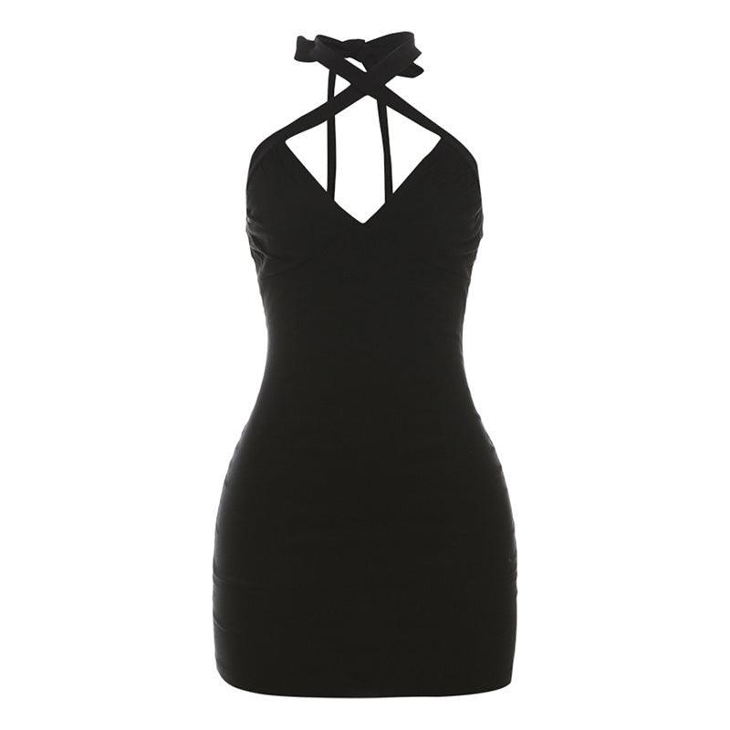 Black halter mini dress with deep V neckline and crisscross tie detail