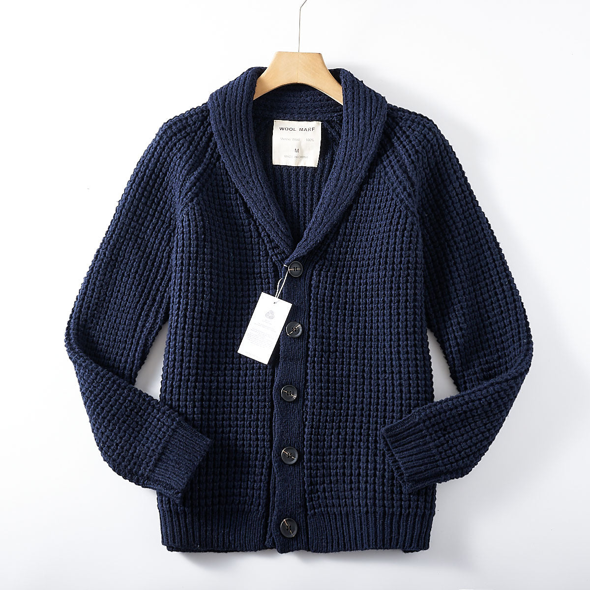 Men's navy V-neck knitted sweater, button-front cardigan with ribbed hem and cuffs