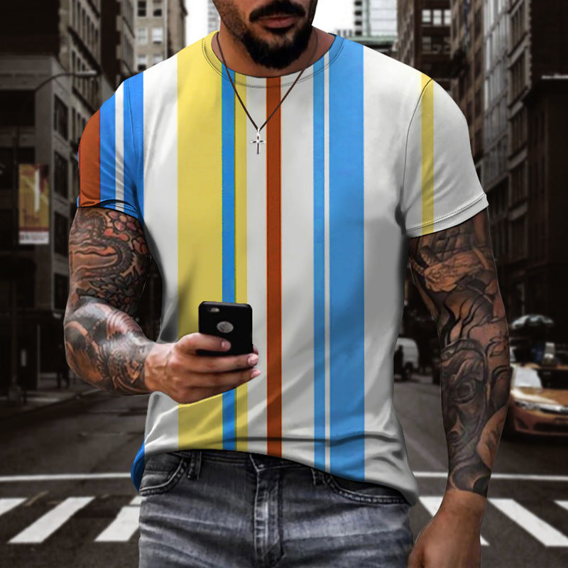 Men's blue check-stripe graphic T-shirt