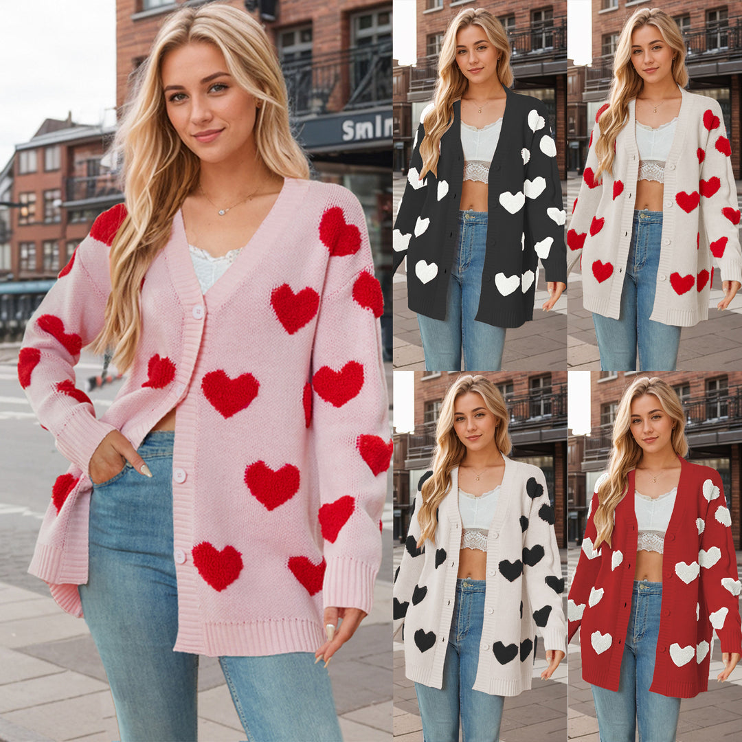 Women's Heart Knitted Cardigan V-Neck Buttons Mid-Length for