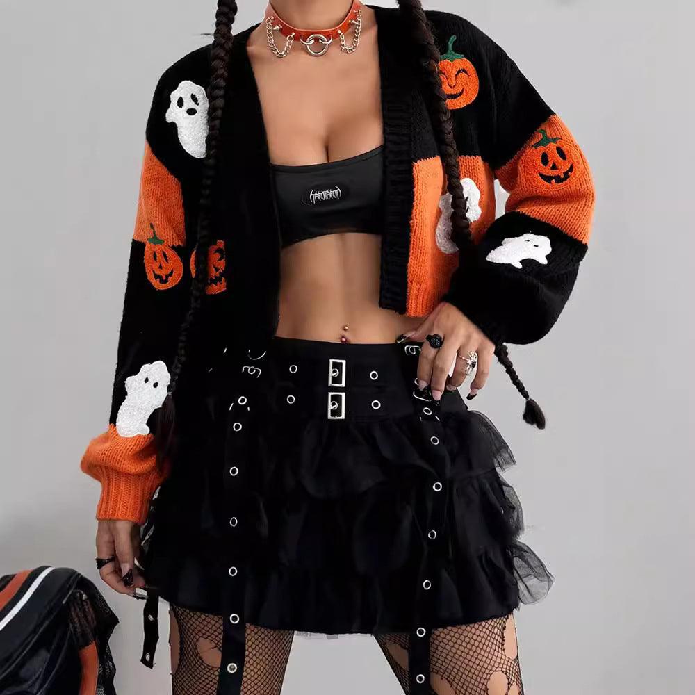 American Ghost Pumpkin Pattern Sweater Cardigan - WOMONA.COM