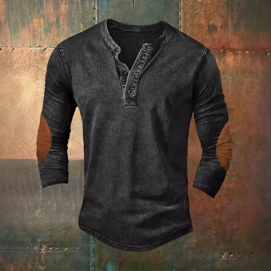 Men's long-sleeve henley sweater, black, button placket and ribbed cuffs