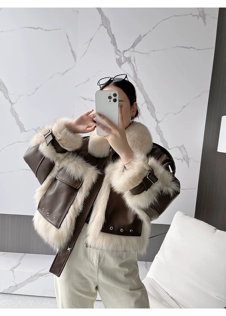 Sense Fox Fur Stitching Leather Coat - WOMONA.COM