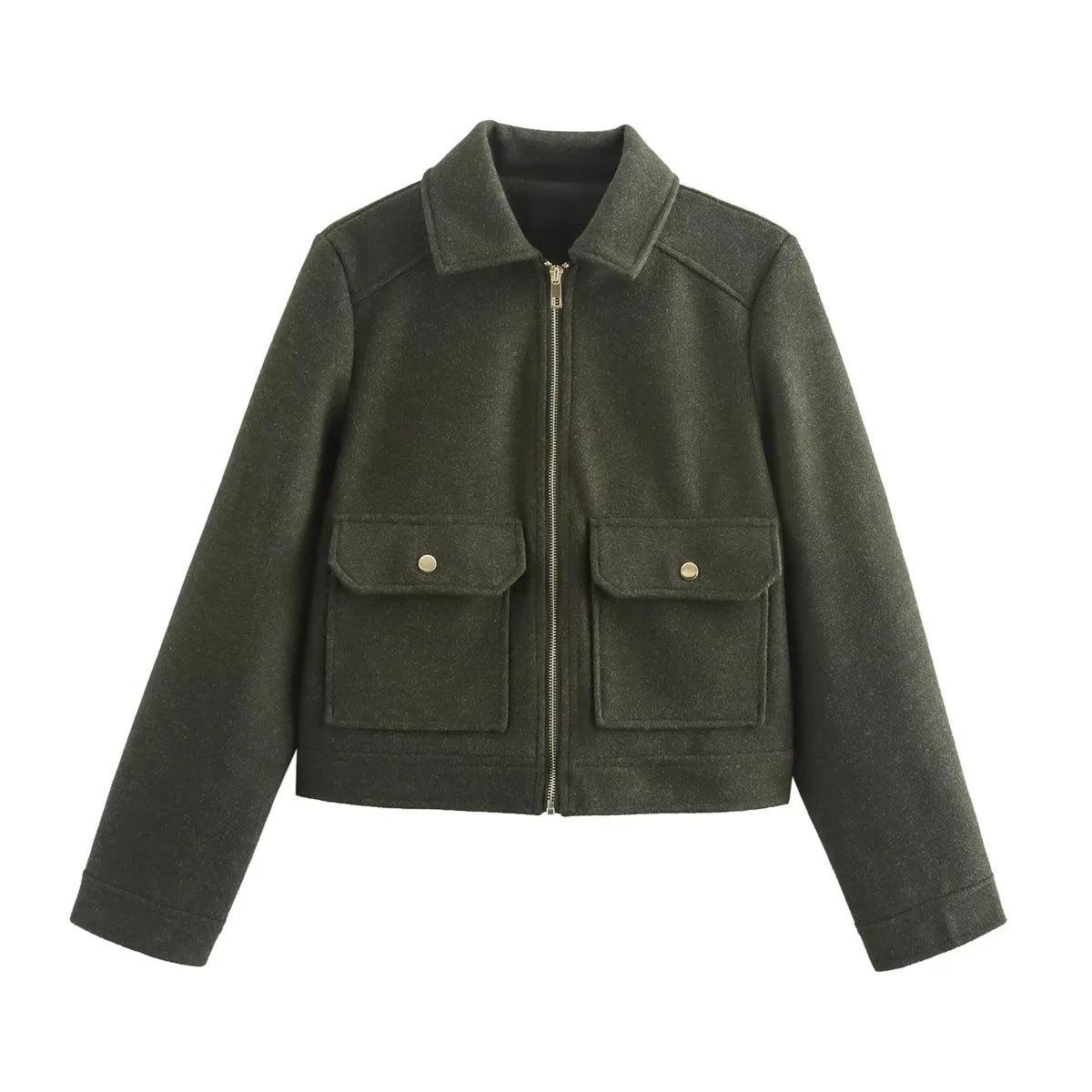 Women's Lapel Woolen Pocket Zipper Coat - WOMONA.COM