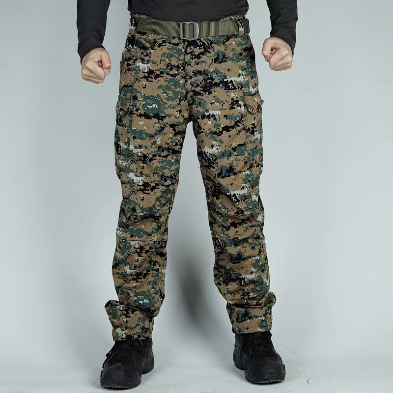 Green and brown digital camouflage tactical cargo pants with belt loops
