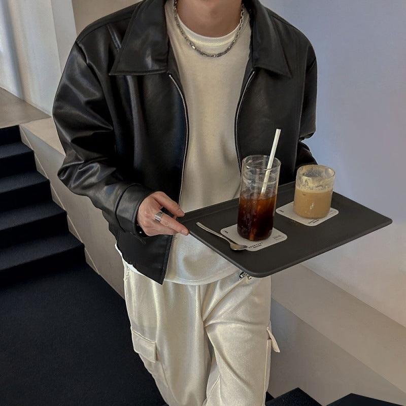 Cropped Leather Coat Male Polo Collar Top - WOMONA.COM