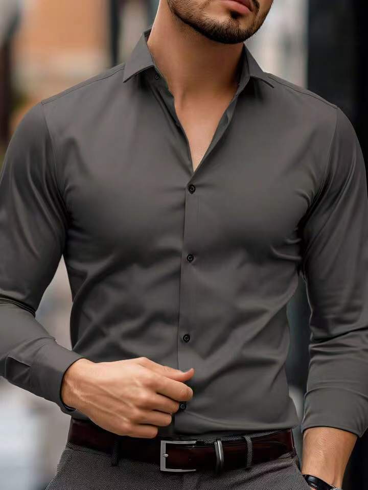 Business Lapel Shirt Solid Color Long Sleeve Casual - WOMONA.COM