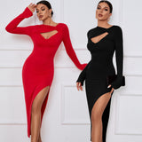 Skirt Sexy Slit Long Sleeve Dress - WOMONA.COM