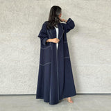 Contrast Color Open Line Denim Long Trench Coat - WOMONA.COM