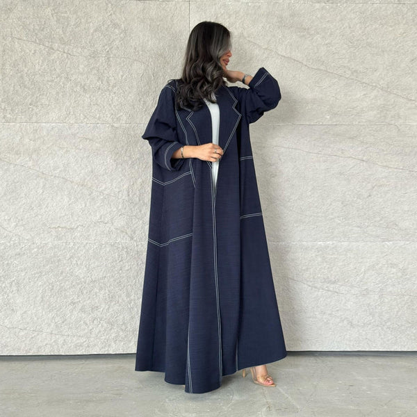 Loose Plus Size Slimming Contrast Color Open Line Denim Long Trench Coat