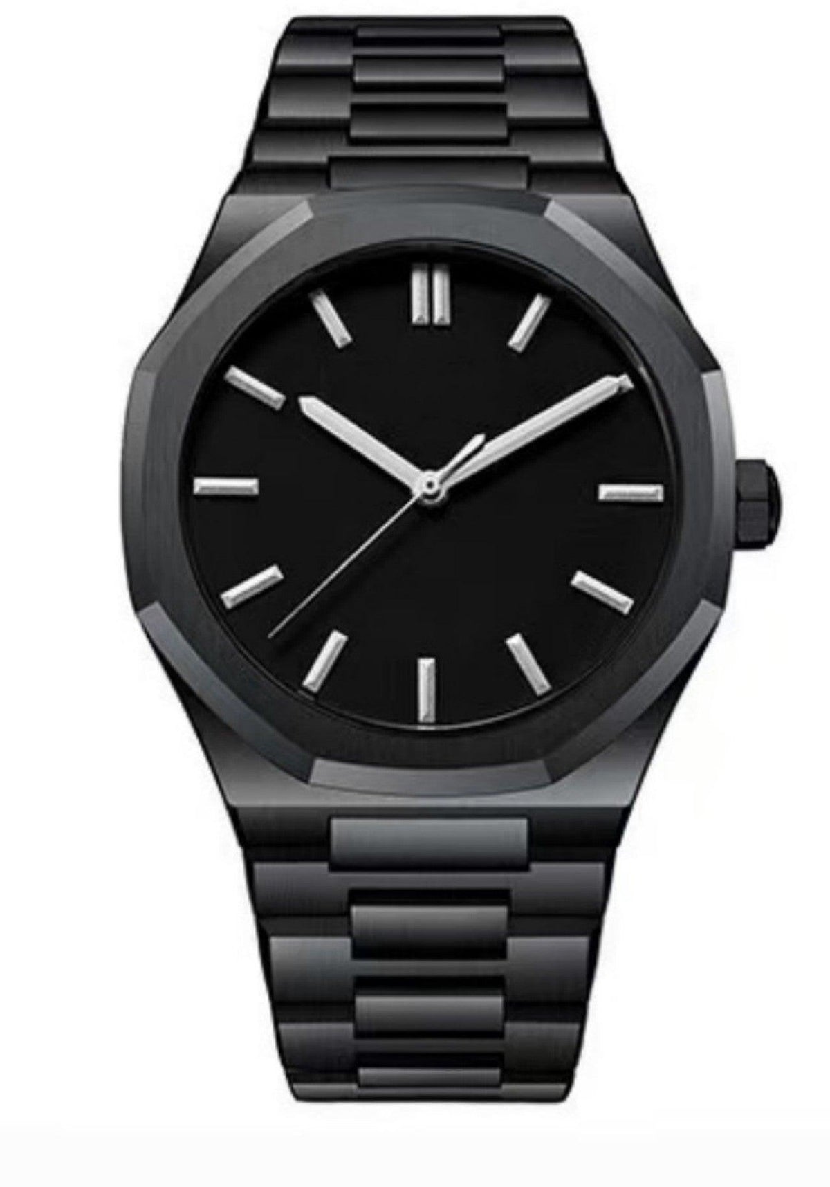Men's quartz watch with black bracelet and black dial with silver hands