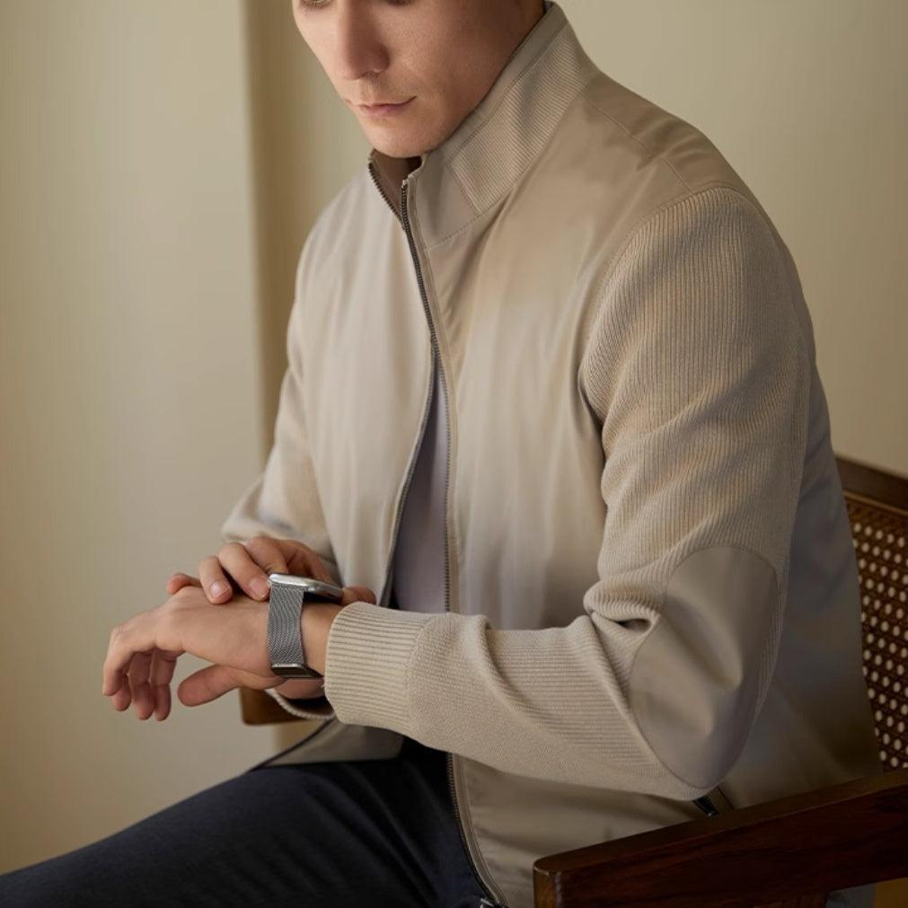 Beige stand-collar quilted jacket with full front zipper and ribbed knit sleeves