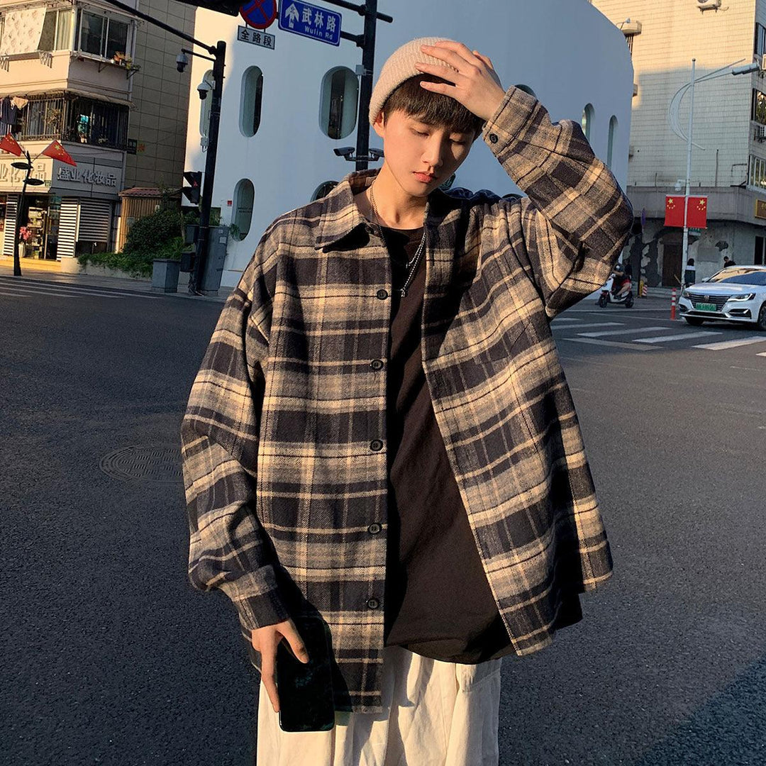 Plaid long-sleeve overshirt with button front and collared neckline in dark blue and tan