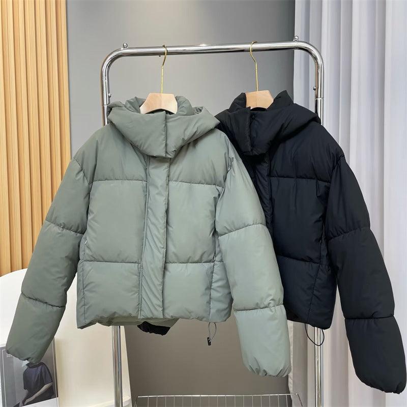 Padded hooded winter jacket, sage and black, loose fit with front zipper