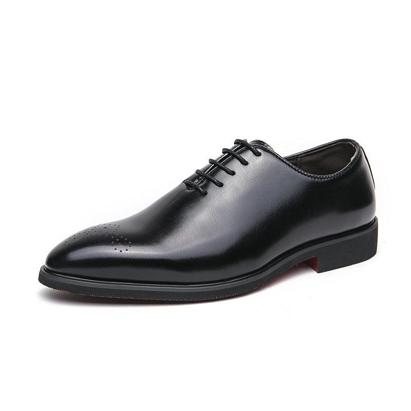 Men's black leather lace-up dress shoes with rounded toe and stitched detailing