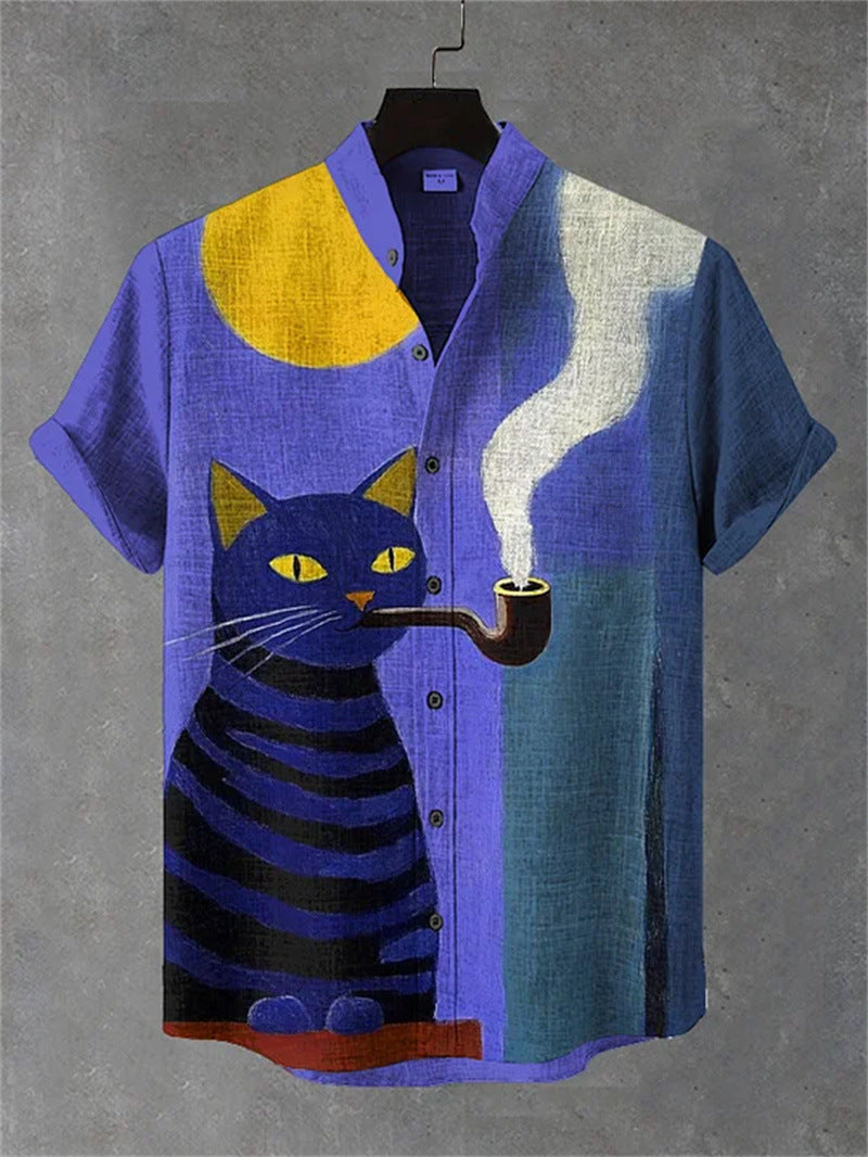 Button-front stand-up collar shirt, blue-and-white cat artwork with yellow patch, short sleeves