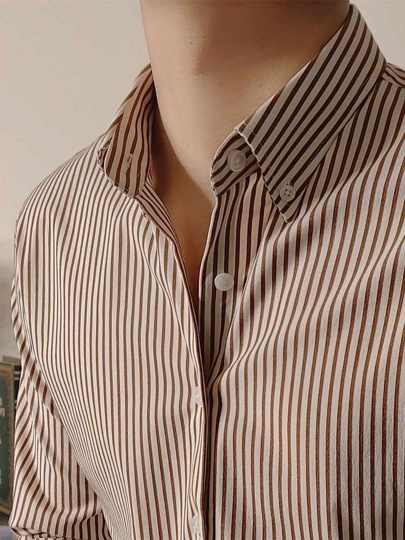 Slim Fitting Coffee Striped Shirt For Men - WOMONA.COM