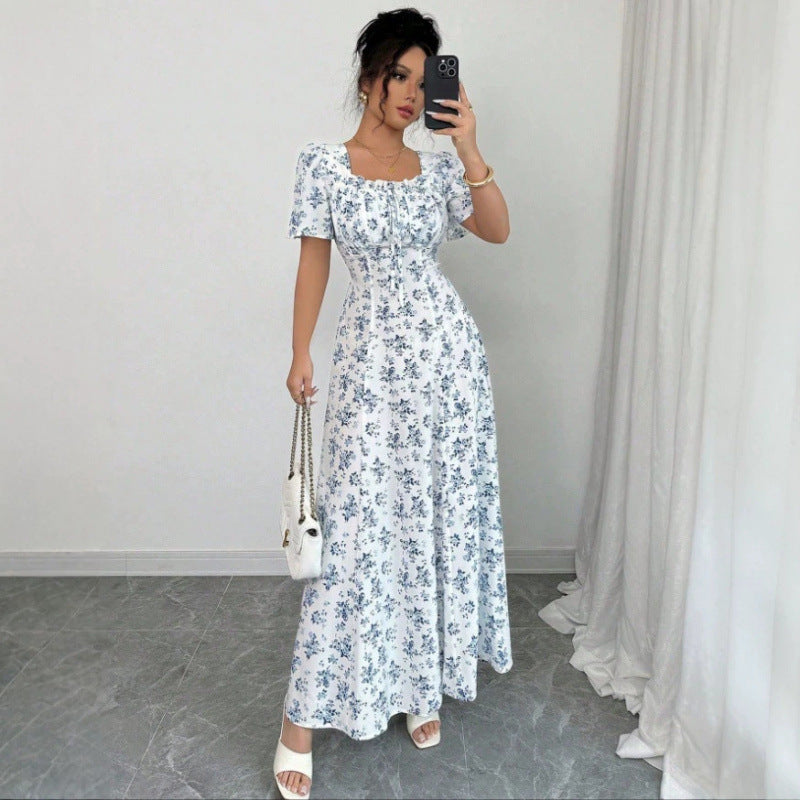 Floral-print square-neck maxi dress with puff sleeves and tiered skirt, blue/white
