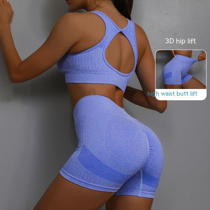 Blue sports bra and high-waist shorts set, racerback, open-back mesh texture