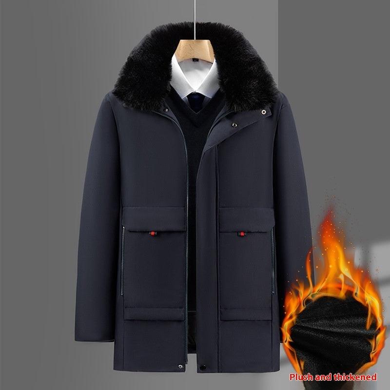 Navy cotton-padded winter coat front view with faux-fur hood and flap chest pockets