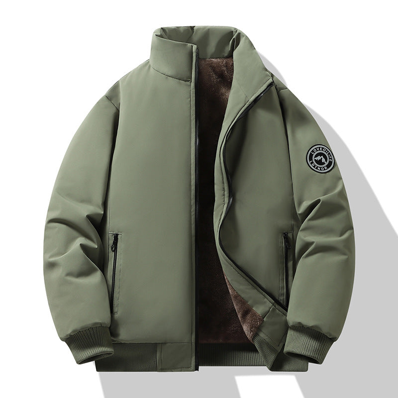 Army green padded cotton coat with fleece lining, full-zip front, ribbed cuffs