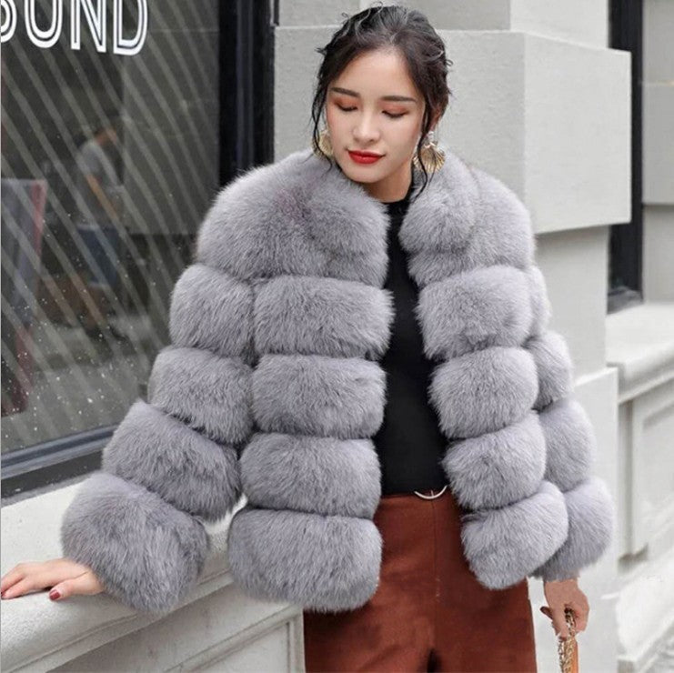 Fox Fur Slimming Stand Collar Splicing Coat - WOMONA.COM