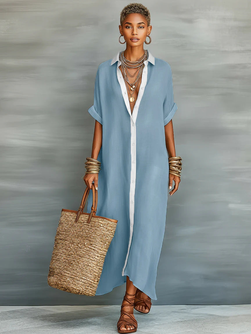 Light blue loose linen long dress with white contrast placket and short sleeves