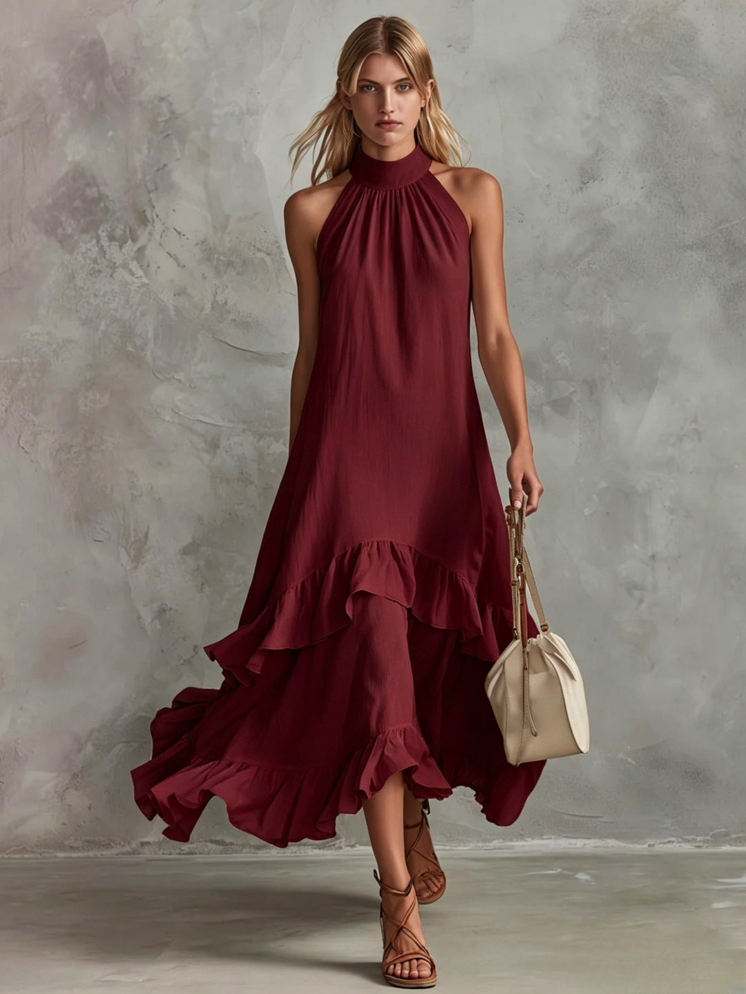 Wine red sleeveless beach dress with high neck and tiered ruffle hem