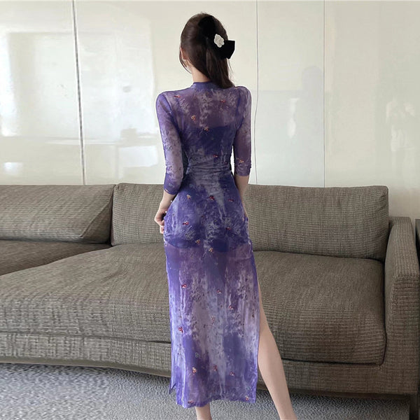 Nuevo vestido cheongsam con estampado chino mejorado y hueco