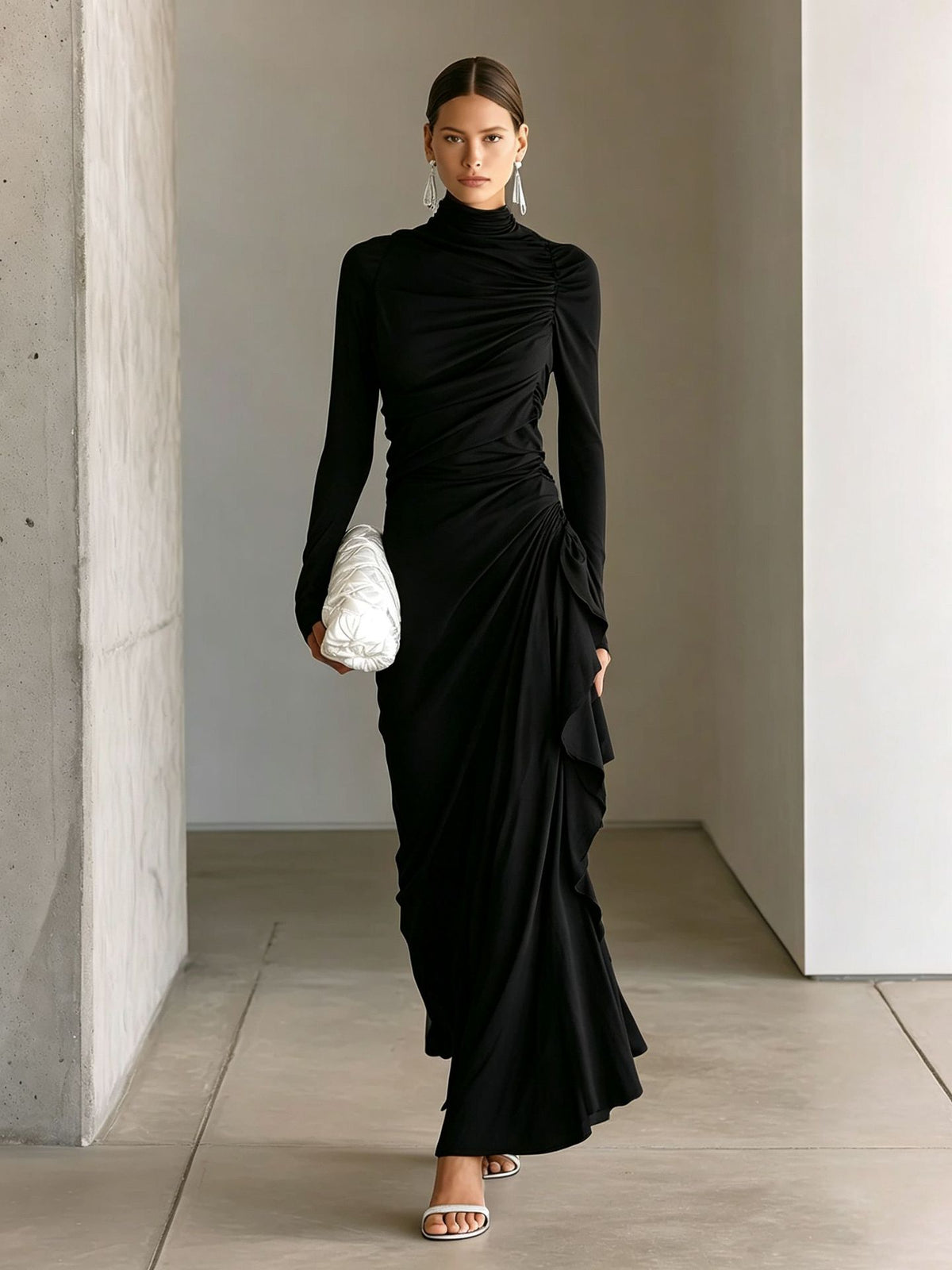 High-neck pleated slim-fit long-sleeve dress in black with draped side detail