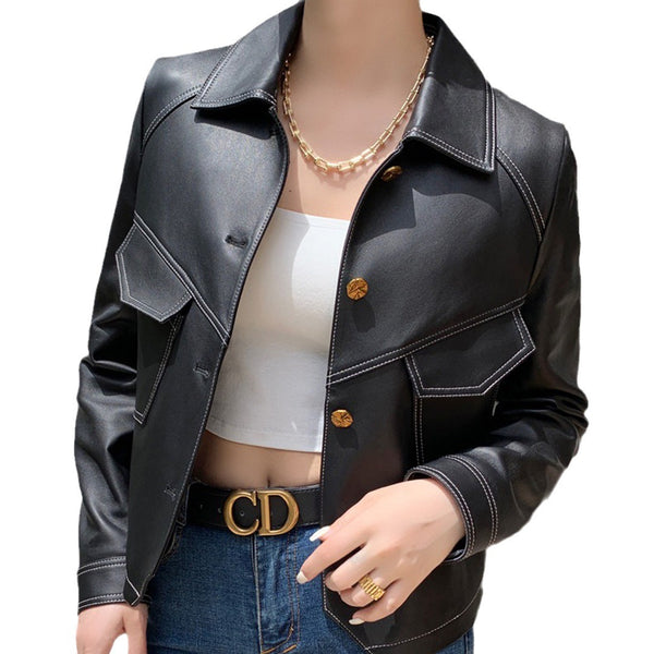 Coat Collar Buckle Leather Women's - WOMONA.COM