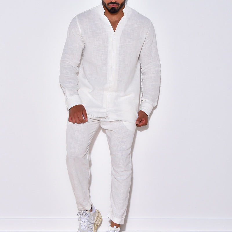 Men's linen-blend V-neck top and straight-leg pants set