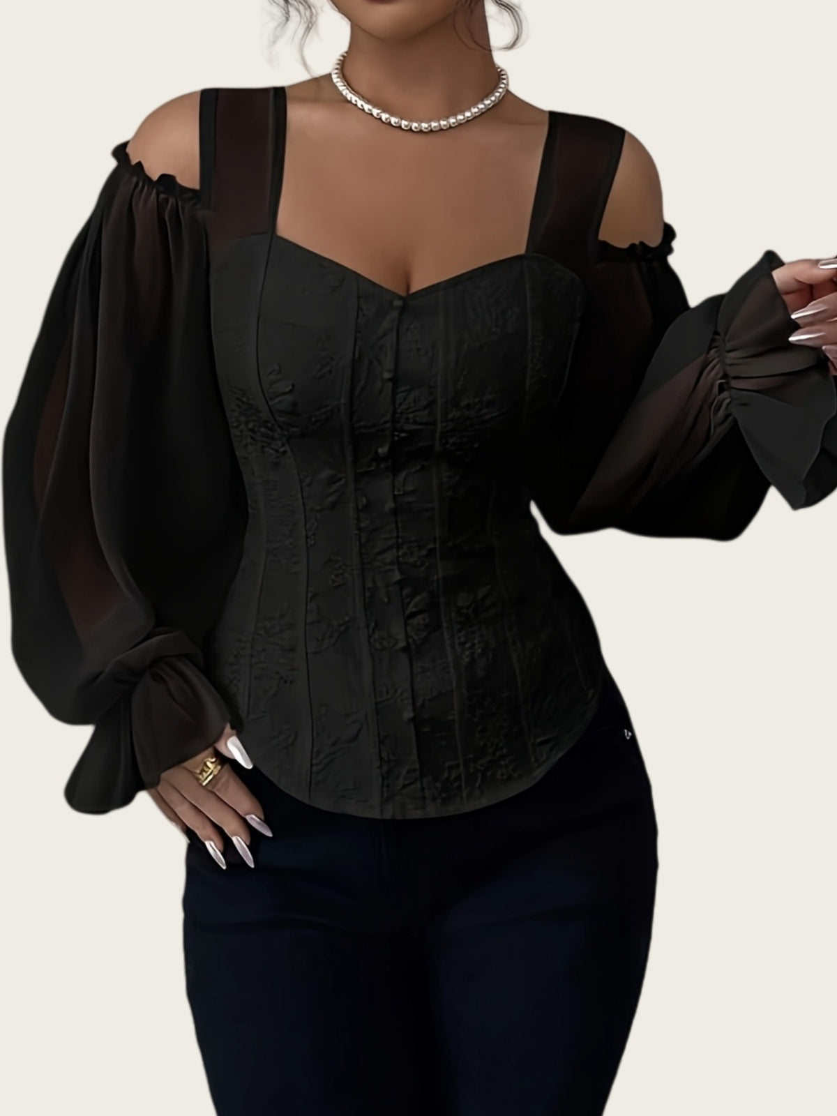Black off-shoulder corset blouse with floral jacquard and sheer long puff sleeves