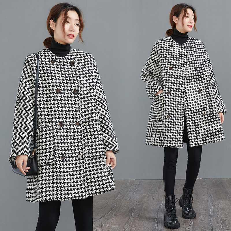 Woolen Plus Size Women's Clothing Houndstooth Coat - WOMONA.COM
