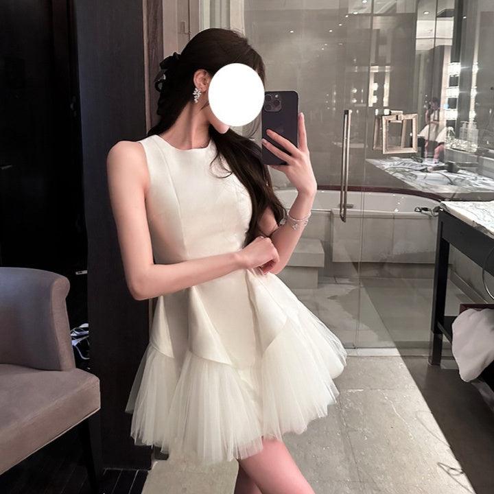 Pearlescent mesh puff dress, sleeveless cream-white with tiered tulle skirt