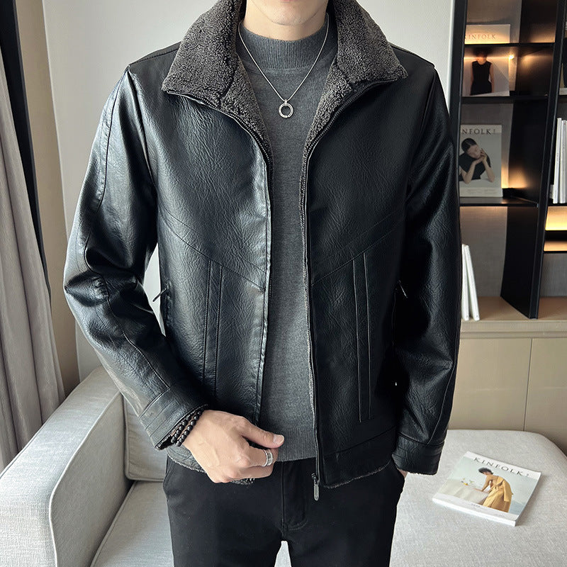 Hong Kong Style Velvet Padded Plus Size Men's Leather Jackets - WOMONA.COM