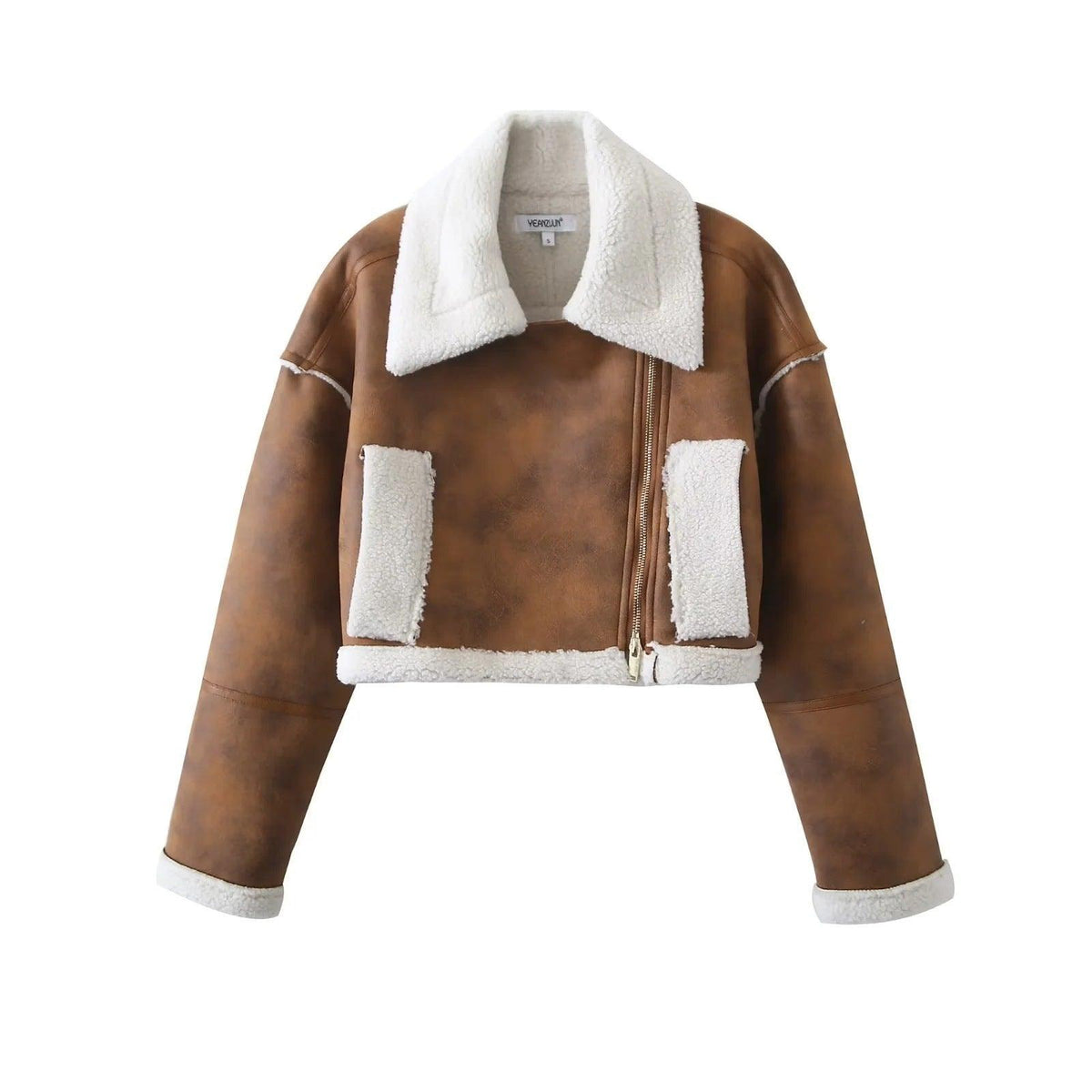 Women's Lapel Loose Short Suede Contrast Color Pocket Side Zipper Lamb Wool Long Sleeve Coat - WOMONA.COM