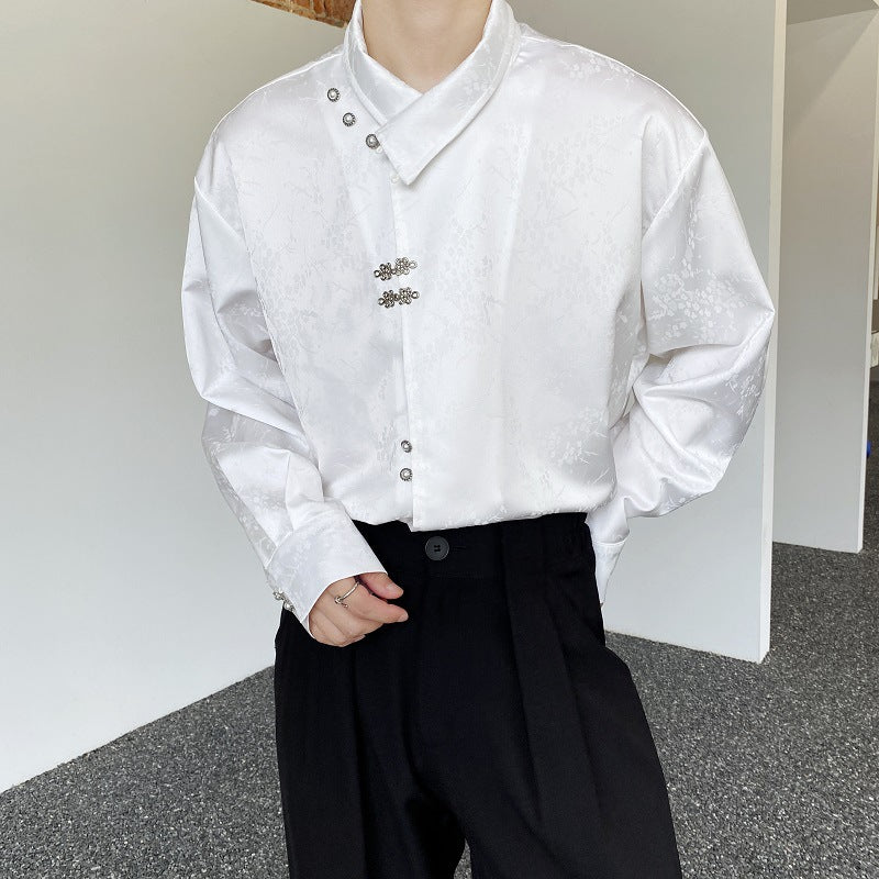 White long-sleeve stand-collar shirt with vertical silver button placket and chest detail