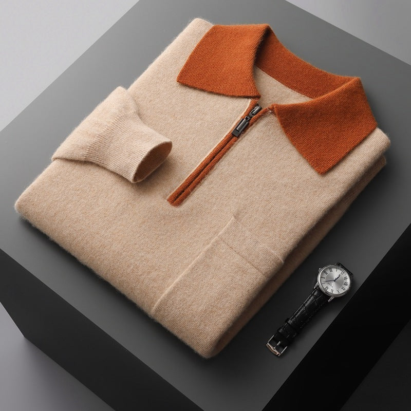 Wool Knitted Half-open Polo Long-sleeved Fleece Sweater - WOMONA.COM